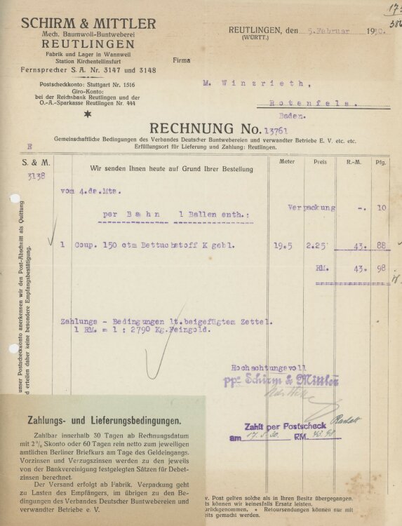 Firma M. Winzrieth (Kaufhaus)an Schirm & Mittler Mechanische Baumwoll-Buntweberei- Rechnung - 05.02.1930