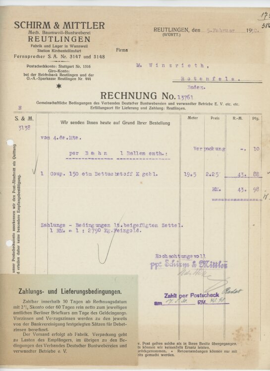 Firma M. Winzrieth (Kaufhaus)an Schirm & Mittler Mechanische Baumwoll-Buntweberei- Rechnung - 05.02.1930