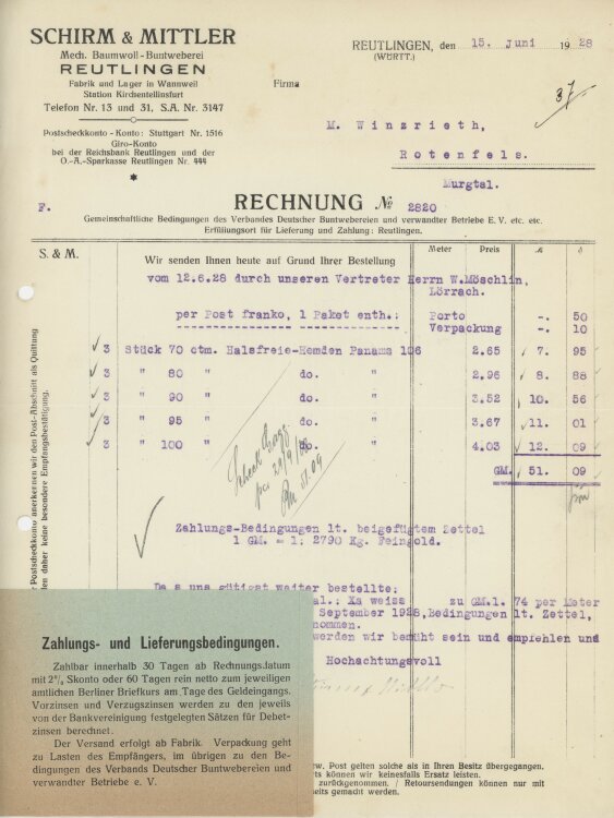 Firma M. Winzrieth (Kaufhaus)an Schirm & Mittler Mechanische Baumwoll-Buntweberei- Rechnung - 15.06.1928