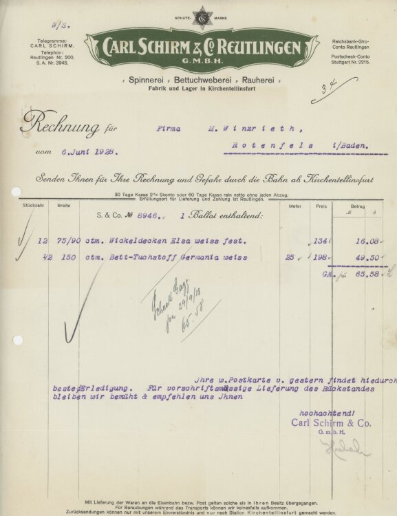 Firma M. Winzrieth (Kaufhaus)an Schirm & Mittler Mechanische Baumwoll-Buntweberei- Rechnung - 06.06.1928