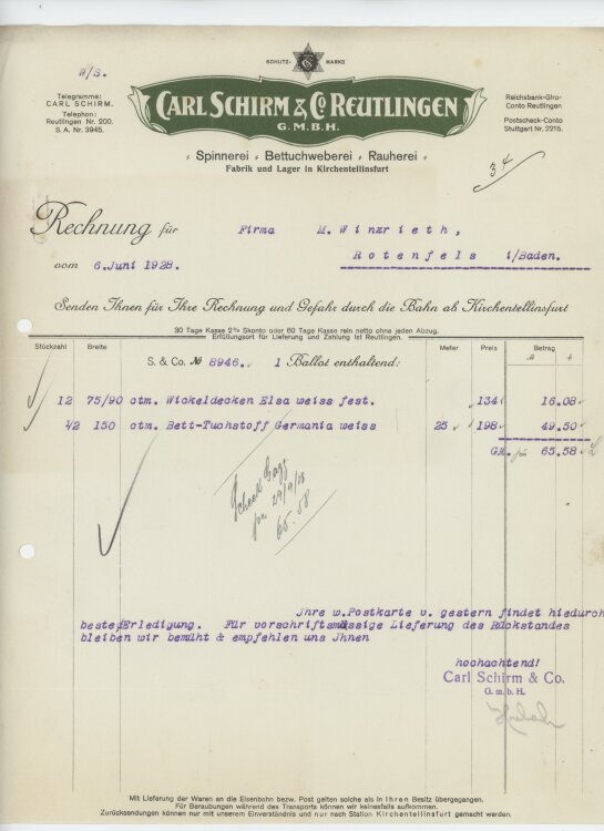 Firma M. Winzrieth (Kaufhaus)an Schirm & Mittler Mechanische Baumwoll-Buntweberei- Rechnung - 06.06.1928