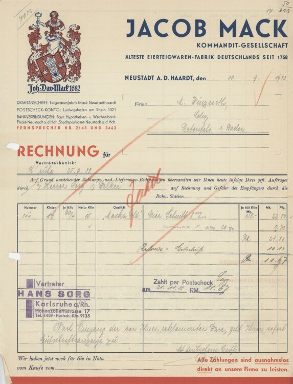 Firma M. Winzrieth (Kaufhaus)an Jacob Mack KG- Rechnung - 30.09.1933