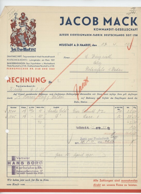 Firma M. Winzrieth (Kaufhaus)an Jacob Mack KG- Rechnung - 19.04.1933