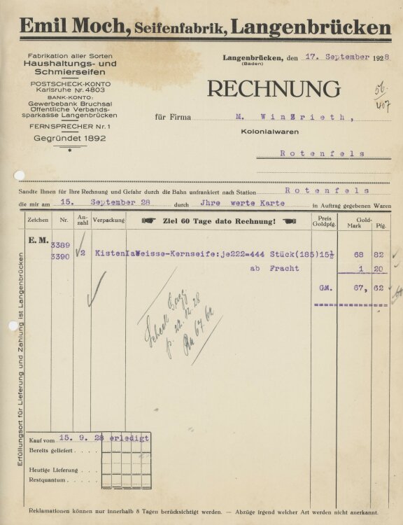 Firma M. Winzrieth (Kaufhaus)an Emil Moch Seifenfabrik- Rechnung - 17.09.1928