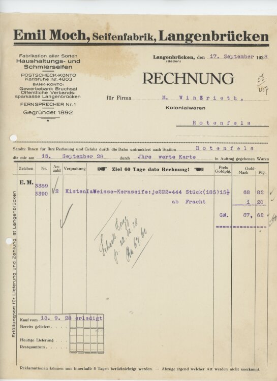 Firma M. Winzrieth (Kaufhaus)an Emil Moch Seifenfabrik- Rechnung - 17.09.1928