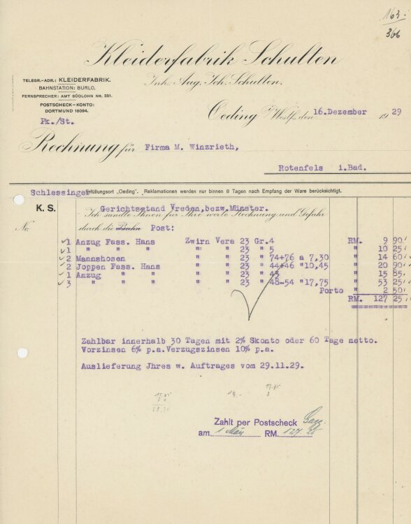 Firma M. Winzrieth (Kaufhaus)an Kleiderfabrik Schulten- Rechnung - 16.12.1929