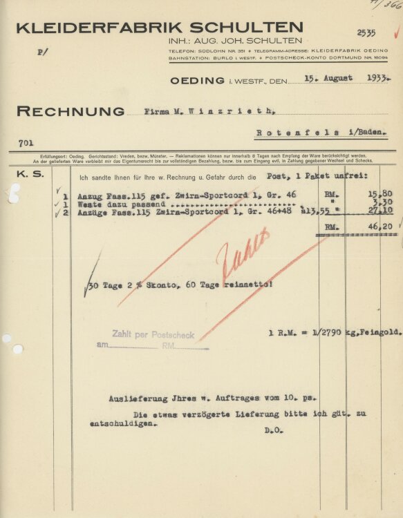 Firma M. Winzrieth (Kaufhaus)an Kleiderfabrik Schulten- Rechnung - 15.08.1933