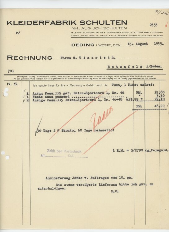 Firma M. Winzrieth (Kaufhaus)an Kleiderfabrik Schulten- Rechnung - 15.08.1933