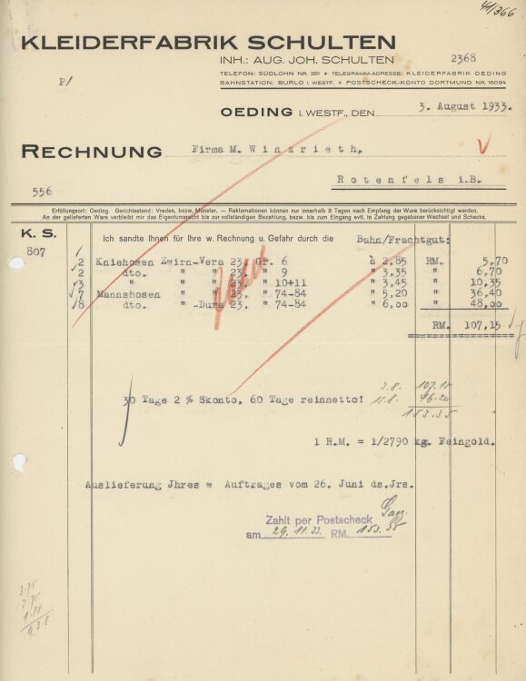 Firma M. Winzrieth (Kaufhaus)an Kleiderfabrik Schulten- Rechnung - 03.08.1933