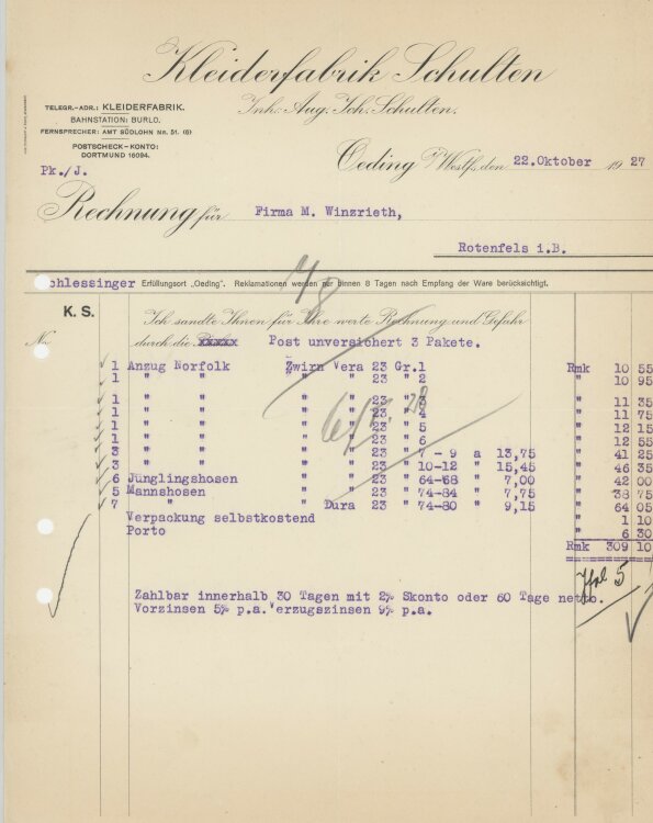 Firma M. Winzrieth (Kaufhaus)an Kleiderfabrik Schulten- Rechnung - 22.10.1927