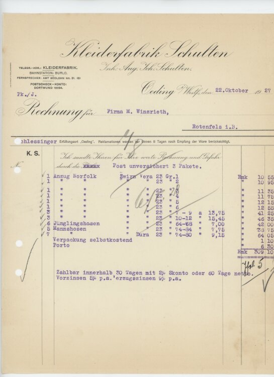 Firma M. Winzrieth (Kaufhaus)an Kleiderfabrik Schulten- Rechnung - 22.10.1927