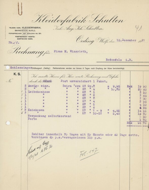 Firma M. Winzrieth (Kaufhaus)an Kleiderfabrik Schulten- Rechnung - 15.12.1927