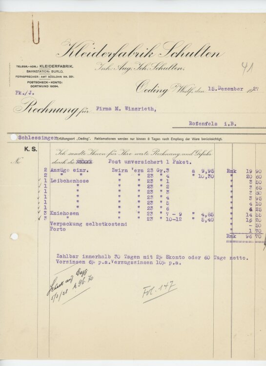 Firma M. Winzrieth (Kaufhaus)an Kleiderfabrik Schulten- Rechnung - 15.12.1927