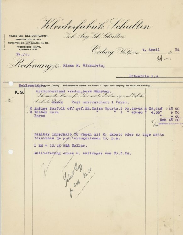 Firma M. Winzrieth (Kaufhaus)an Kleiderfabrik Schulten- Rechnung - 04.04.1928