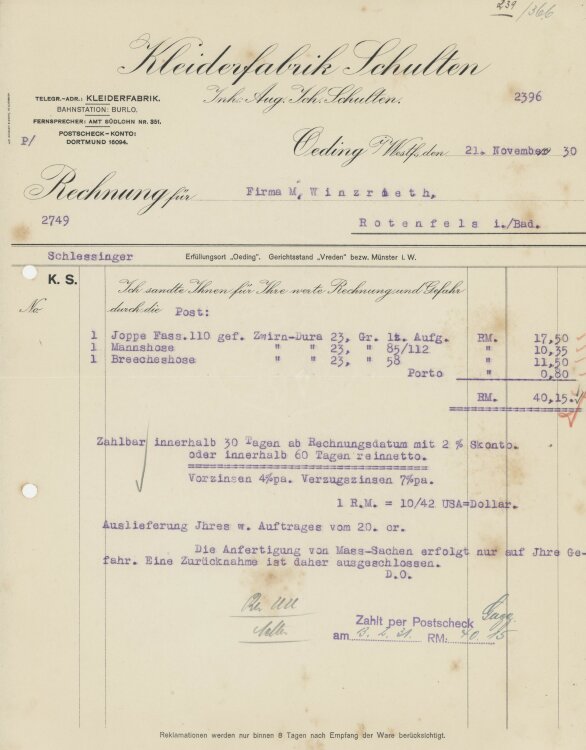 Firma M. Winzrieth (Kaufhaus)an Kleiderfabrik Schulten- Rechnung - 21.11.1930