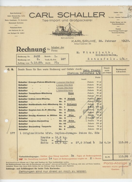 Firma M. Winzrieth (Kaufhaus)an Kleiderfabrik Schulten- Rechnung - 28.02.1929