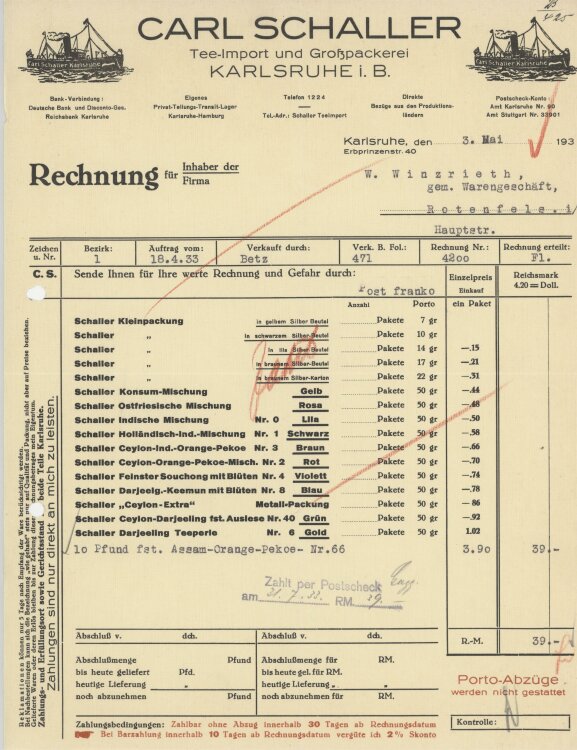 Firma M. Winzrieth (Kaufhaus)an Kleiderfabrik Schulten- Rechnung - 03.05.1933