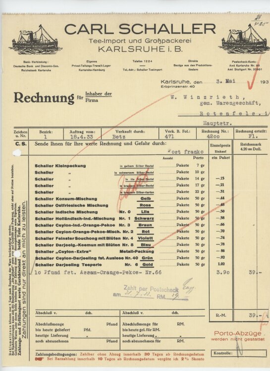 Firma M. Winzrieth (Kaufhaus)an Kleiderfabrik Schulten- Rechnung - 03.05.1933