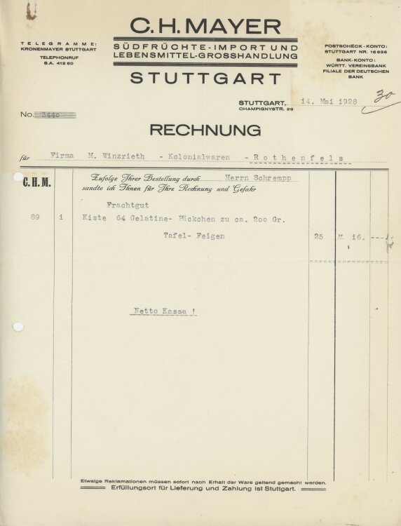 Firma M. Winzrieth (Kaufhaus)an C. H. Mayer Südfrüchte-Import- Rechnung - 14.05.1928