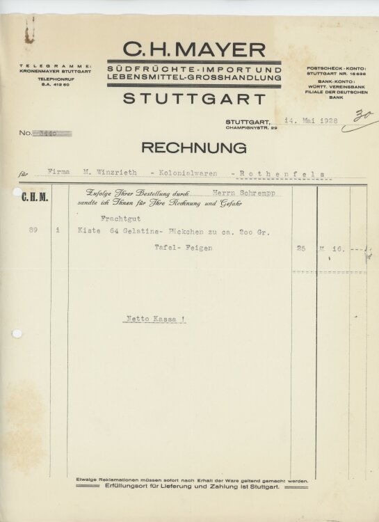 Firma M. Winzrieth (Kaufhaus)an C. H. Mayer Südfrüchte-Import- Rechnung - 14.05.1928