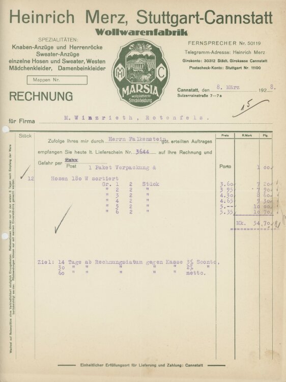 Firma M. Winzrieth (Kaufhaus)an Heinrich Merz...