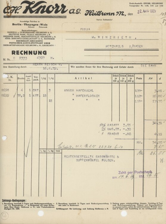 Firma M. Winzrieth (Kaufhaus)an C. H. Knorr AG- Rechnung...