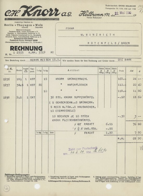 Firma M. Winzrieth (Kaufhaus)an C. H. Knorr AG- Rechnung - 22.05.1929