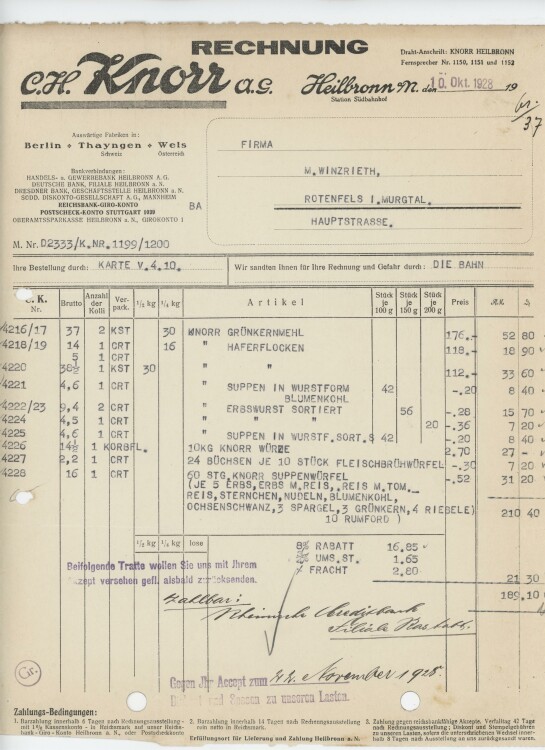 Firma M. Winzrieth (Kaufhaus)an C. H. Knorr AG- Rechnung - 10.10.1928