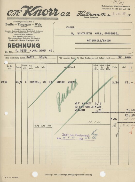 Firma M. Winzrieth (Kaufhaus)an C. H. Knorr AG- Rechnung - 16.01.1931