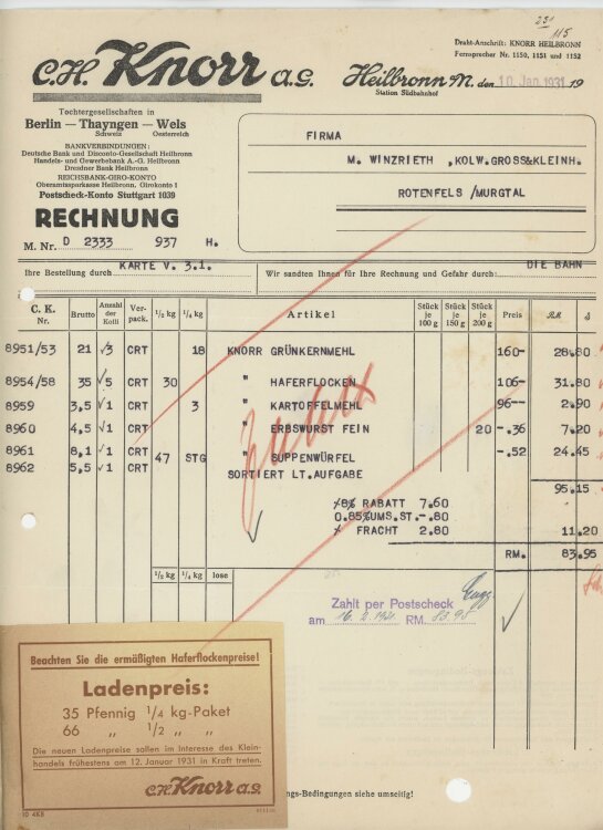 Firma M. Winzrieth (Kaufhaus)an C. H. Knorr AG- Rechnung...