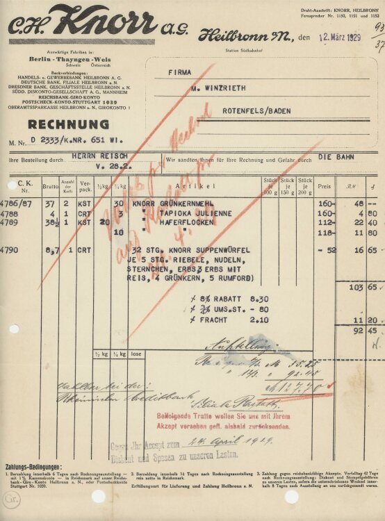 Firma M. Winzrieth (Kaufhaus)an C. H. Knorr AG- Rechnung - 12.03.1929