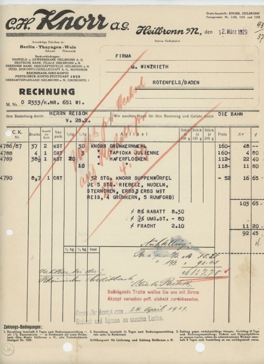 Firma M. Winzrieth (Kaufhaus)an C. H. Knorr AG- Rechnung - 12.03.1929