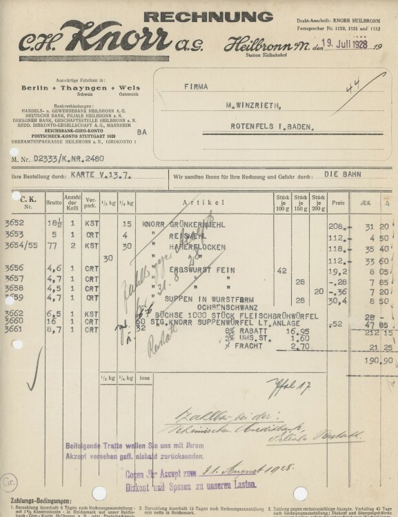 Firma M. Winzrieth (Kaufhaus)an C. H. Knorr AG- Rechnung...