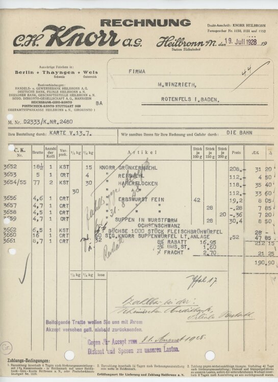 Firma M. Winzrieth (Kaufhaus)an C. H. Knorr AG- Rechnung - 19.07.1928