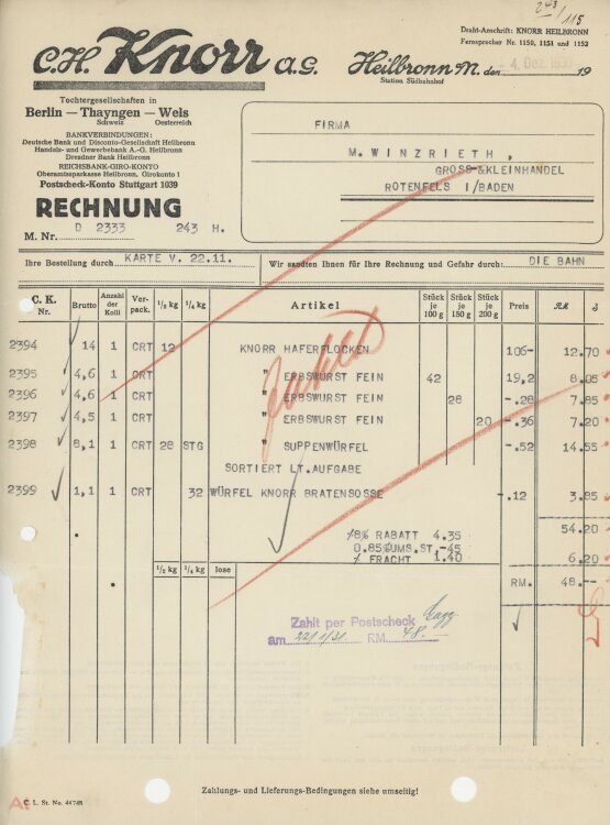 Firma M. Winzrieth (Kaufhaus)an C. H. Knorr AG- Rechnung - 04.12.1930