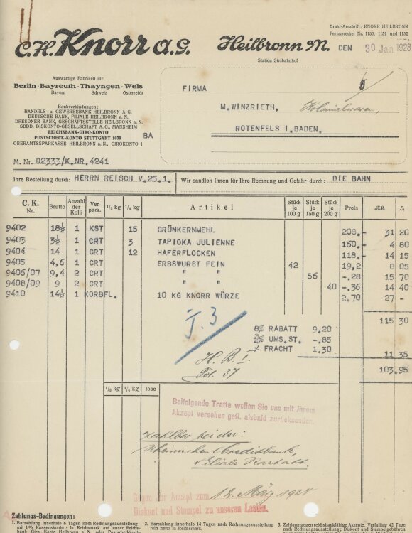 Firma M. Winzrieth (Kaufhaus)an C. H. Knorr AG- Rechnung - 30.01.1928