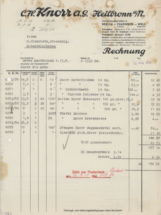 Firma M. Winzrieth (Kaufhaus)an C. H. Knorr AG- Rechnung - 19.08.1938