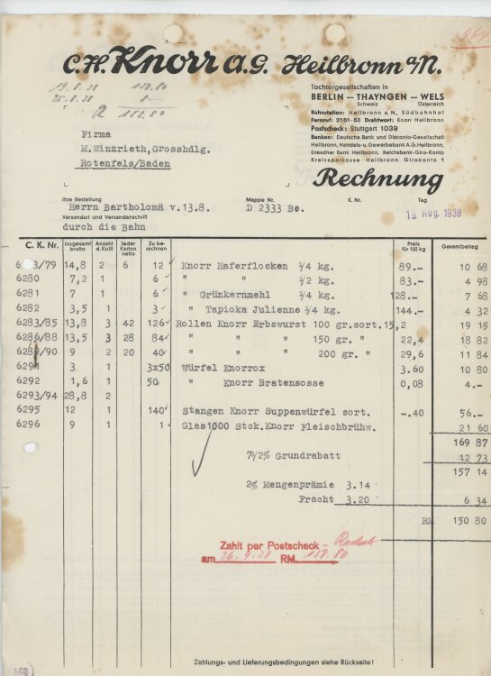 Firma M. Winzrieth (Kaufhaus)an C. H. Knorr AG- Rechnung - 19.08.1938