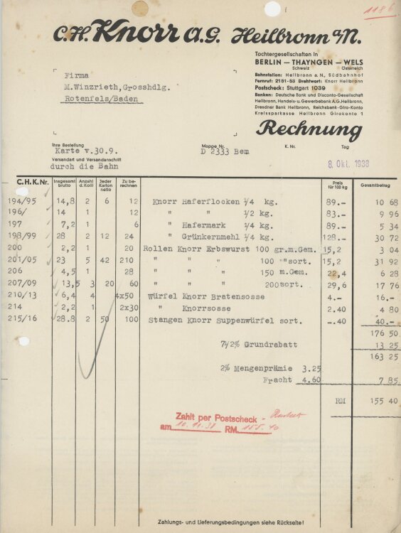 Firma M. Winzrieth (Kaufhaus)an C. H. Knorr AG- Rechnung - 08.10.1938