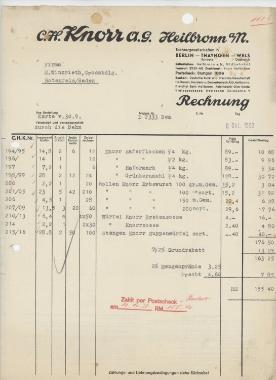 Firma M. Winzrieth (Kaufhaus)an C. H. Knorr AG- Rechnung - 08.10.1938