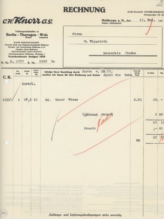 Firma M. Winzrieth (Kaufhaus)an C. H. Knorr AG- Rechnung - 17.11.1933