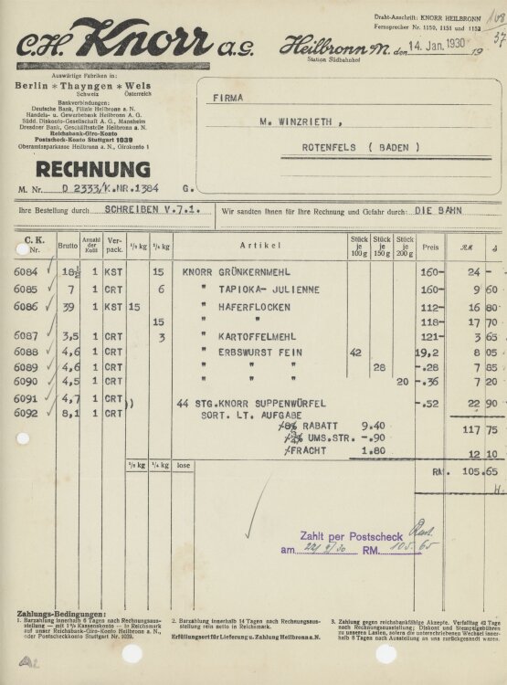 Firma M. Winzrieth (Kaufhaus)an C. H. Knorr AG- Rechnung - 14.01.1930