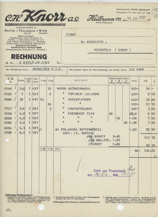 Firma M. Winzrieth (Kaufhaus)an C. H. Knorr AG- Rechnung - 14.01.1930