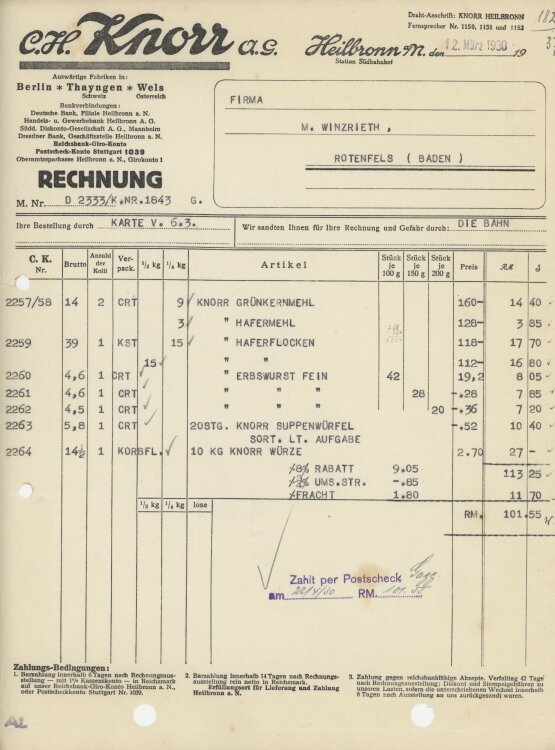 Firma M. Winzrieth (Kaufhaus)an C. H. Knorr AG- Rechnung...