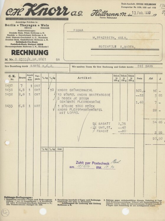 Firma M. Winzrieth (Kaufhaus)an C. H. Knorr AG- Rechnung...