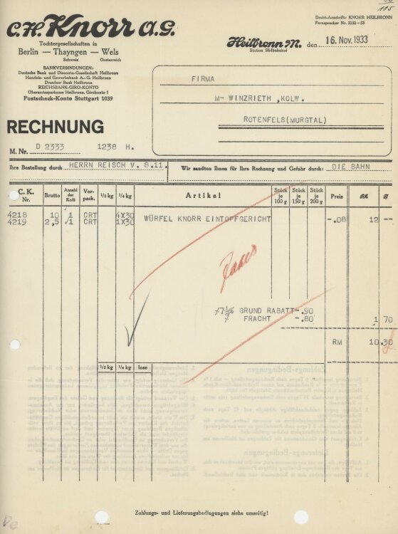 Firma M. Winzrieth (Kaufhaus)an C. H. Knorr AG- Rechnung - 16.11.1933