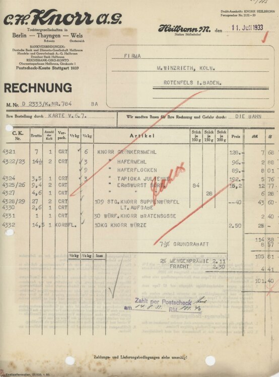 Firma M. Winzrieth (Kaufhaus)an C. H. Knorr AG- Rechnung - 11.07.1933