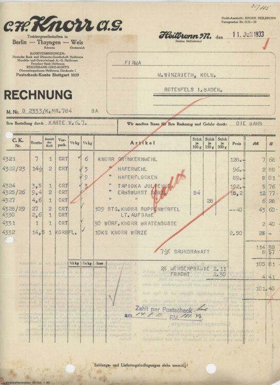 Firma M. Winzrieth (Kaufhaus)an C. H. Knorr AG- Rechnung - 11.07.1933