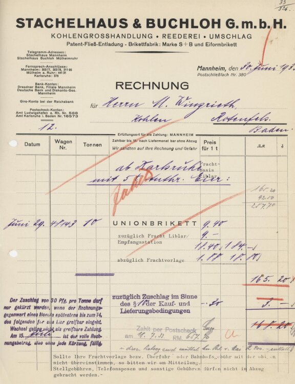 Firma M. Winzrieth (Kaufhaus)an Stachelhaus & Buchloh GmbH- Rechnung - 30.06.1933