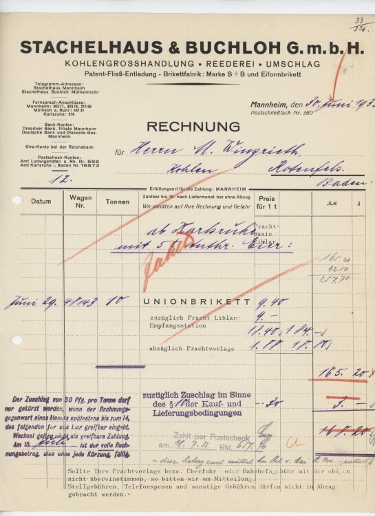 Firma M. Winzrieth (Kaufhaus)an Stachelhaus & Buchloh GmbH- Rechnung - 30.06.1933